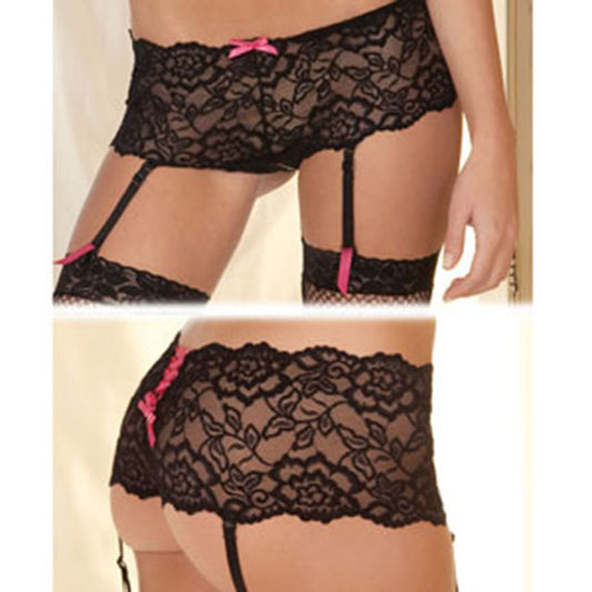Crotchless Lace Boyleg with Garters Black S/M