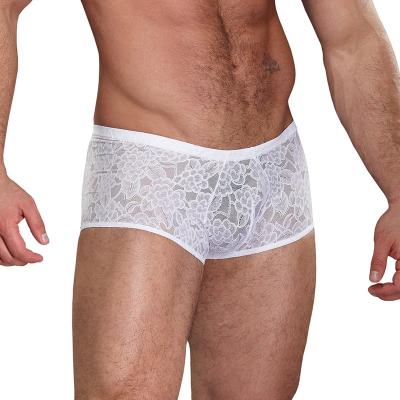 Male Power Stretch Lace Mini Shorts White Medium