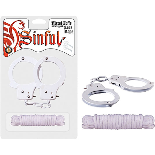 Sinful Metal Cuffs W/keys & Love Rope White