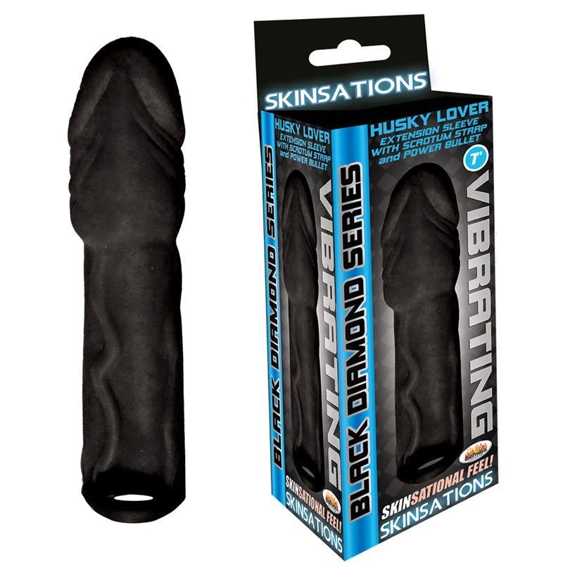 Skinsations Black Diamond Series Husky Lover Extension Sleeve With Power Bullet & Scrotum Strap 7in
