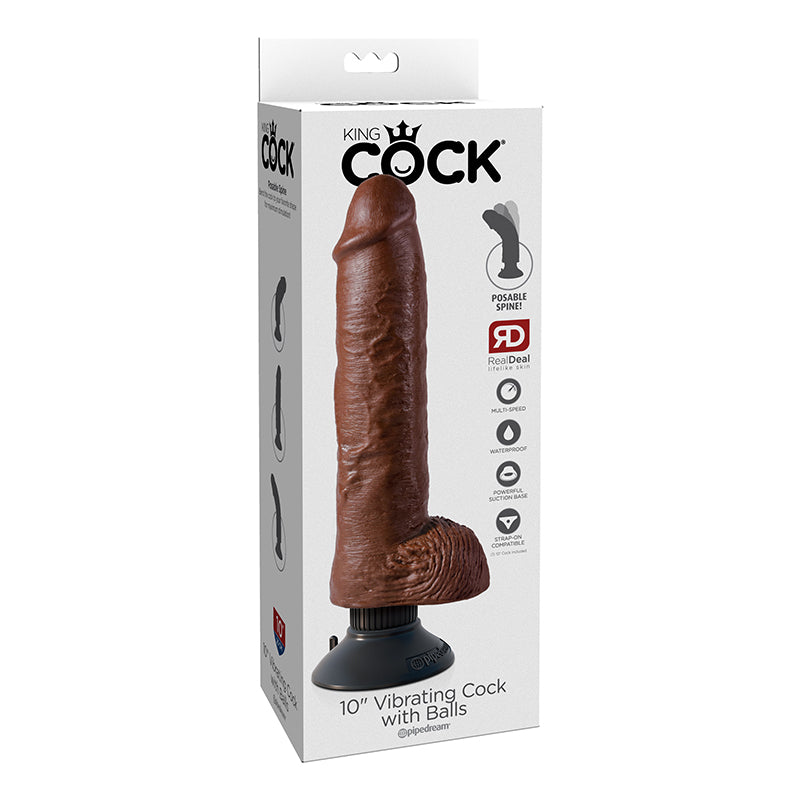 King Cock 10in Vibrating Cock W/balls Brown