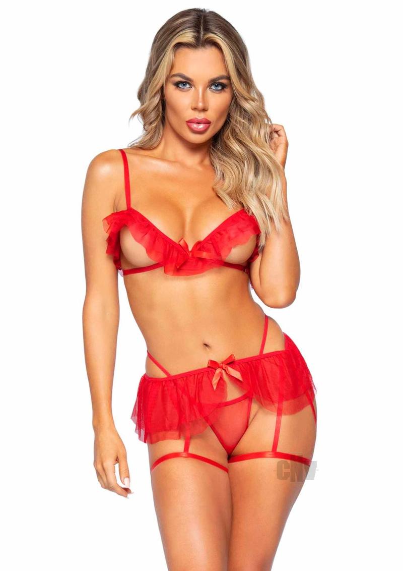 3 Pc. Cupless Bra, G-String, and Garter Belt - One Size - Red