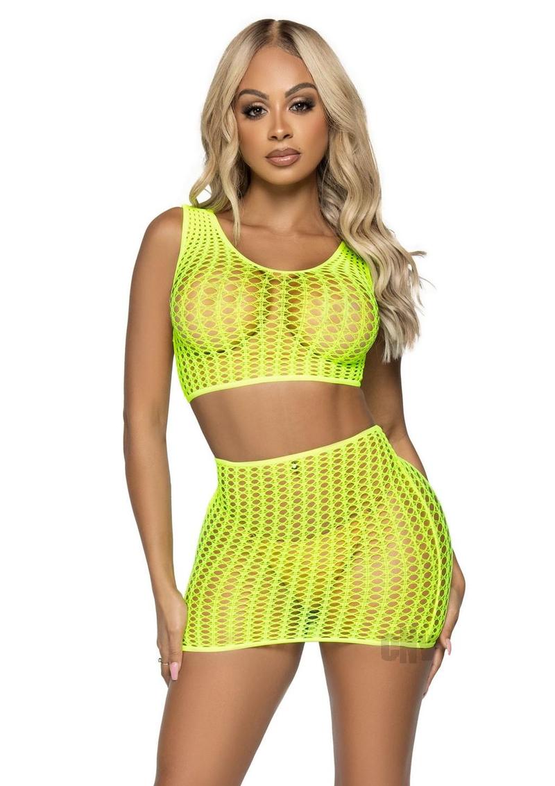 2 Pc. Crochet Net Crop Top and Mini Skirt - One Size - Neon Yellow