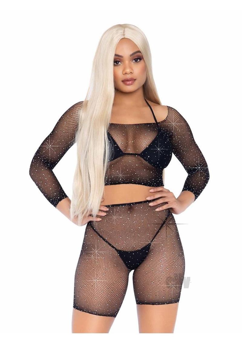2 Pc Rhinestone Fishnet Crop Top and Biker Shorts - Black - One Size