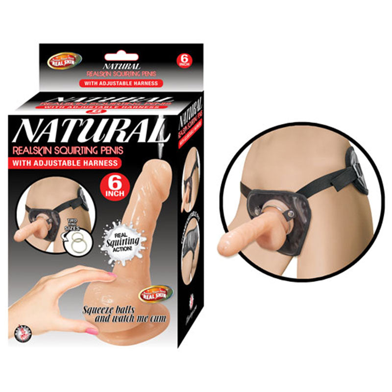 Natural Realskin Squirting Penis W/adjustable Harness 6in Flesh