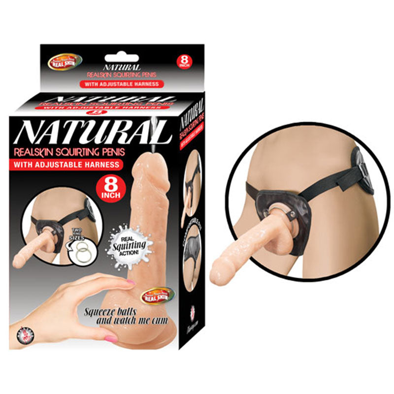 Natural Realskin Squirting Penis 8 Inches Beige Harness 8398