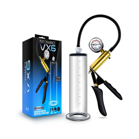 Blush Performance VX6 Vacuum Penis Pump w/Brass Pistol & Pressure Gauge - Clear