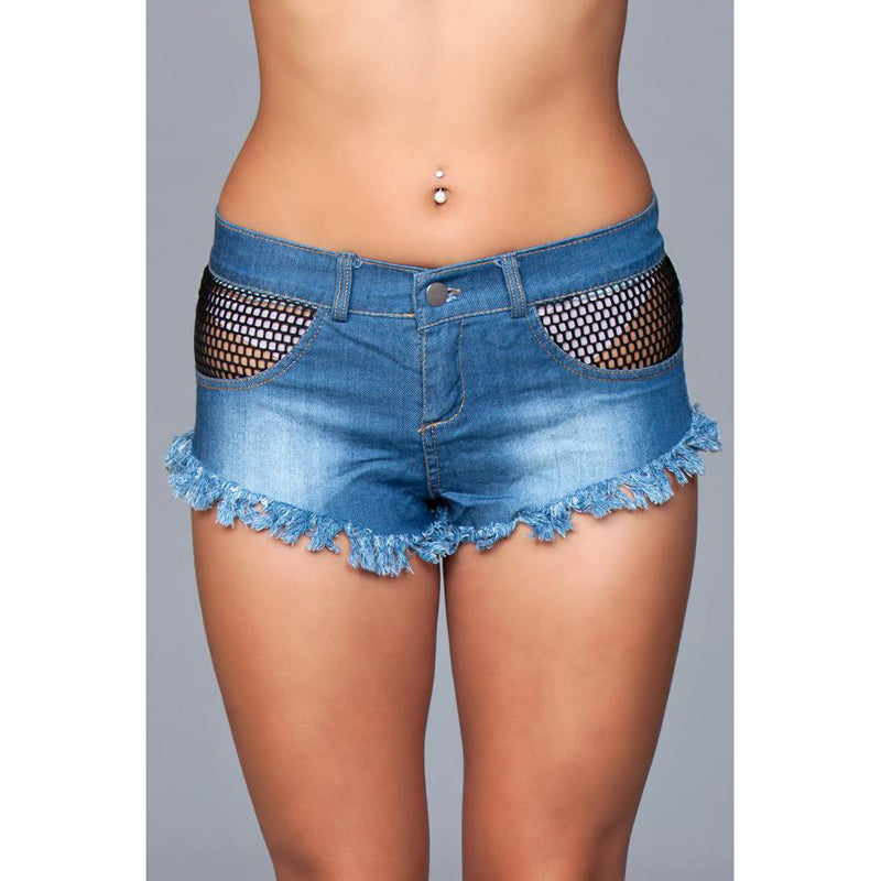 Denim Shorts Fishnet Trim Frindge Bottom