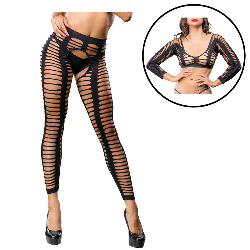 All Over Sraps Mesh Crotchless Leggings - One Size - Black