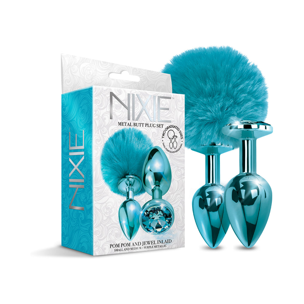 Nixie Metal Butt Plug Set Pom Pom And Jewel Inlaid Metallic Blue