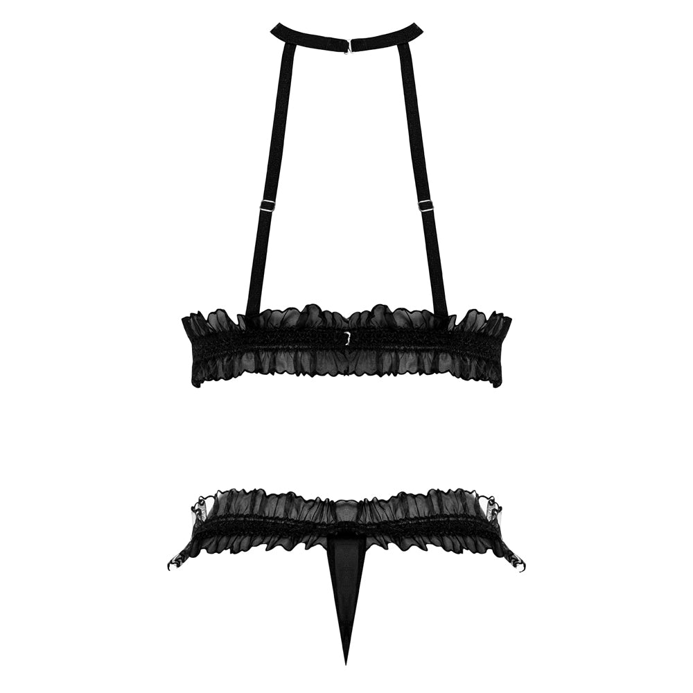 Magic Silk Ruffled Halter Bra & Split-crotch Thong Black S/m