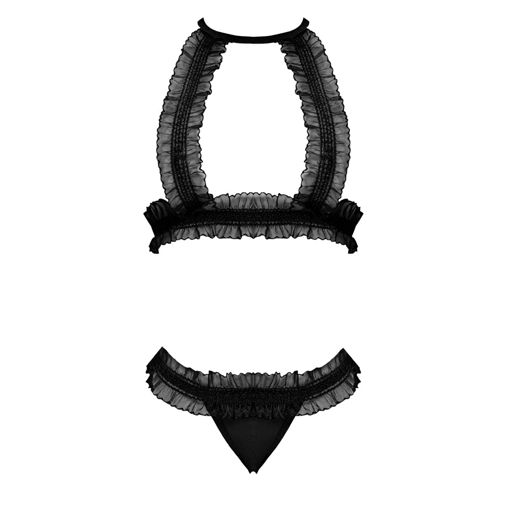 Magic Silk Ruffled Halter Bra & Split-crotch Thong Black S/m