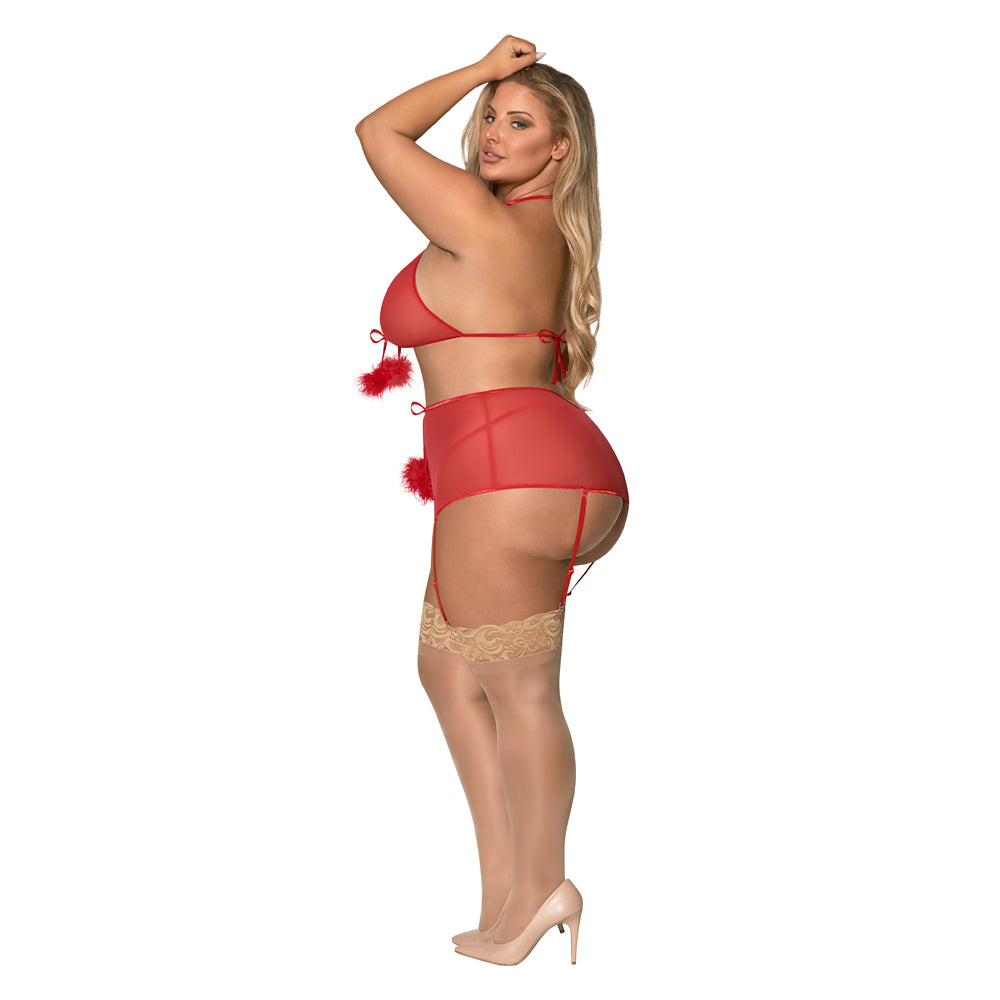 Magic Silk Marabou Bra, Garter Skirt & G-string Set Red Queen