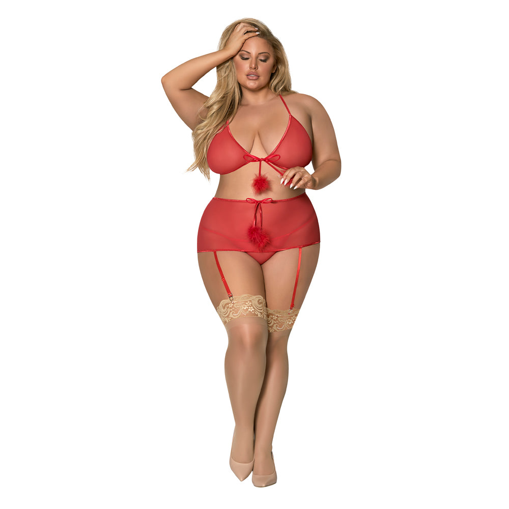Magic Silk Marabou Bra, Garter Skirt & G-string Set Red Queen