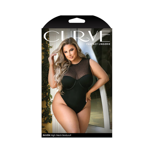 Curve Raven High-neck Bodysuit With Back Cutout And Snap Closure Black 1x/2x