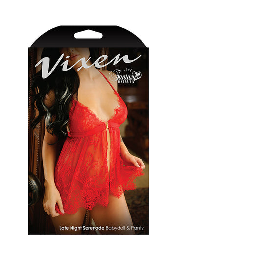 Vixen Late Night Serenade Front Clasp Lace Babydoll & Crotchless G-string Panty Red O/s