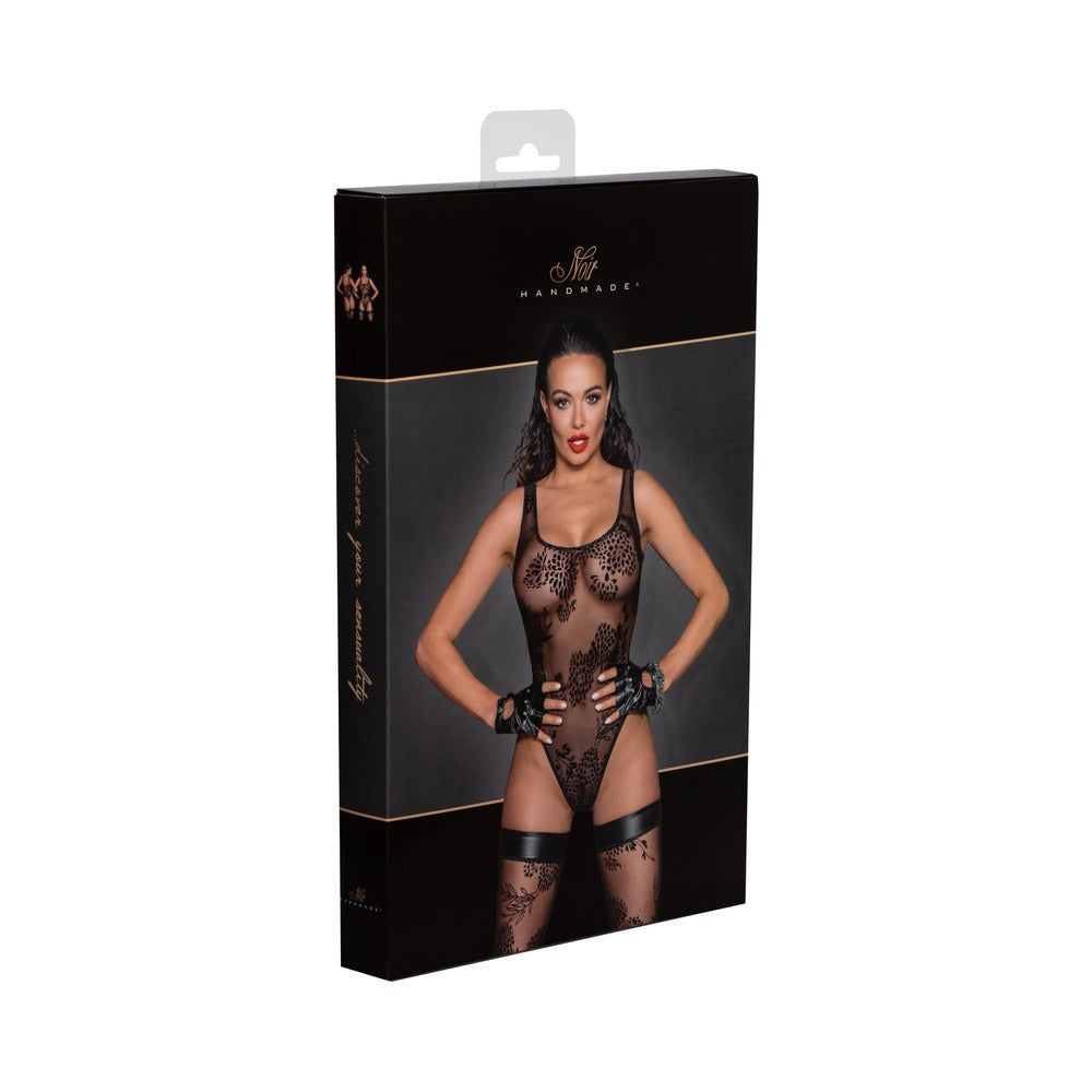 Noir Handmade Tulle Bodysuit With Patterned Flock Embroidery Xl