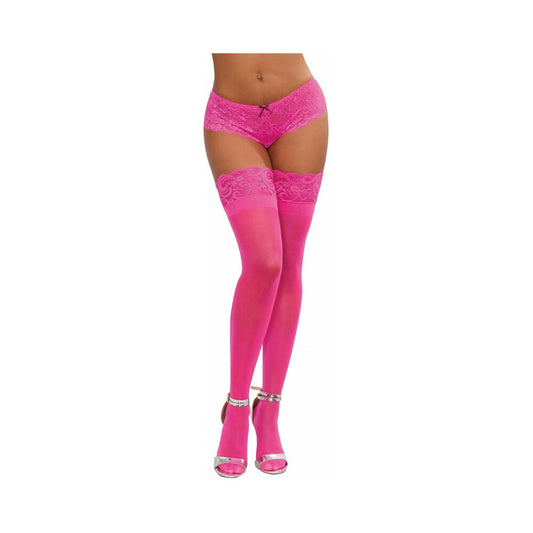 Dreamgirl Neon Pink Sheer Thigh-high Stockings With Silicone Lace Top Pink Os