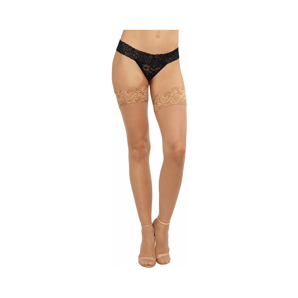 Dreamgirl Sheer Thigh-high Stockings With Silicone Lace Top Light Ossize Os: Size 2-14, Cup B/c, Wei