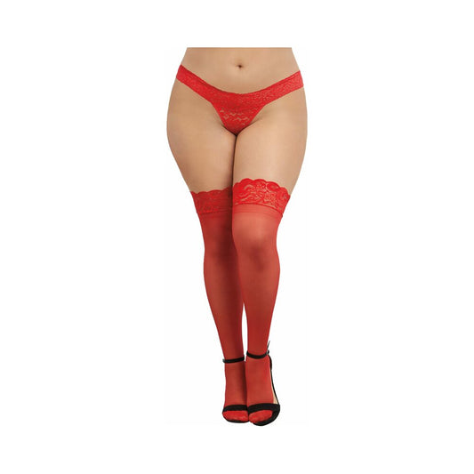 Dreamgirl Plus-size Sheer Thigh-high Stockings With Silicone Lace Top Red Queen