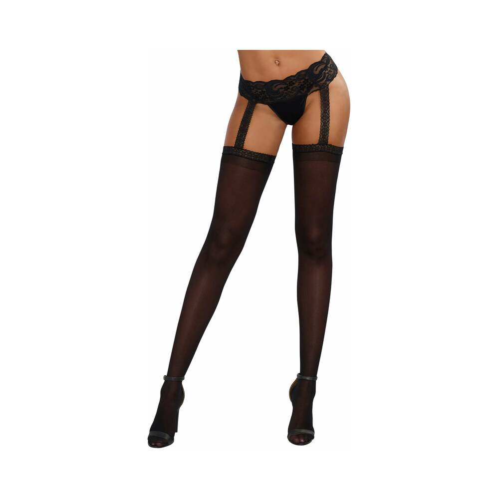 Dreamgirl Stretch Lace Suspender Garter Belt Pantyhose With Attached Sheer Thigh-high Stockings Blac