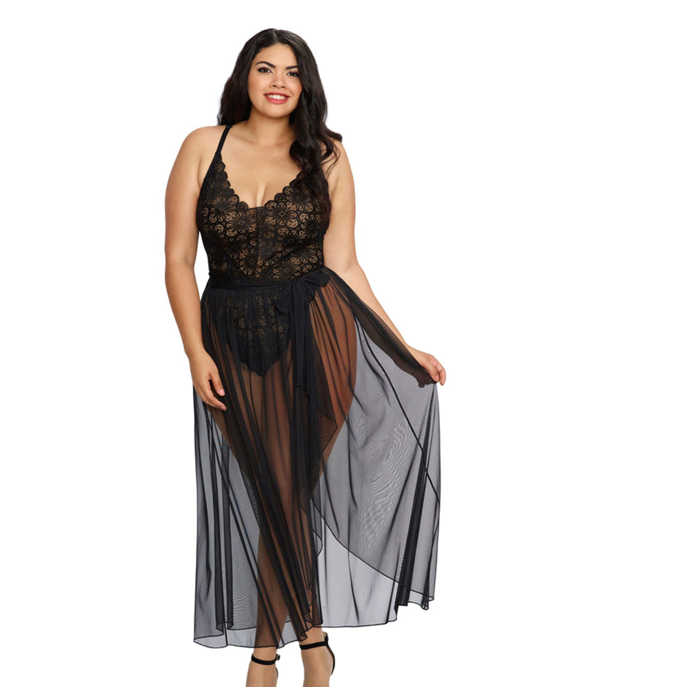 Dreamgirl Plus-size Stretch Lace Teddy & Sheer Mesh Maxi Skirt With Adjustable Straps & G-string Bla