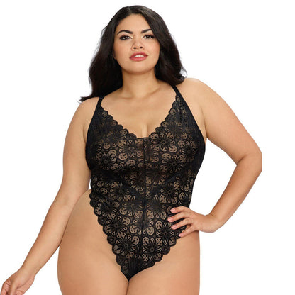 Dreamgirl Plus-size Stretch Lace Teddy & Sheer Mesh Maxi Skirt With Adjustable Straps & G-string Bla