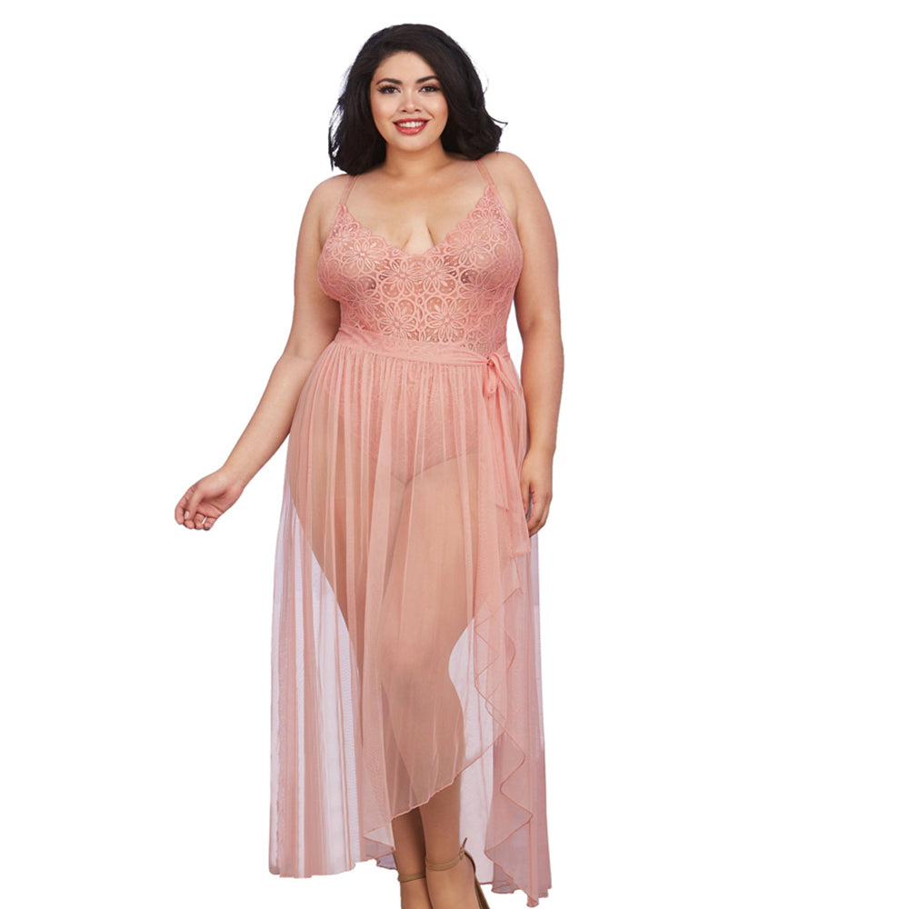 Dreamgirl Plus-size Stretch Lace Teddy & Sheer Mesh Maxi Skirt With Adjustable Straps & G-string Ros