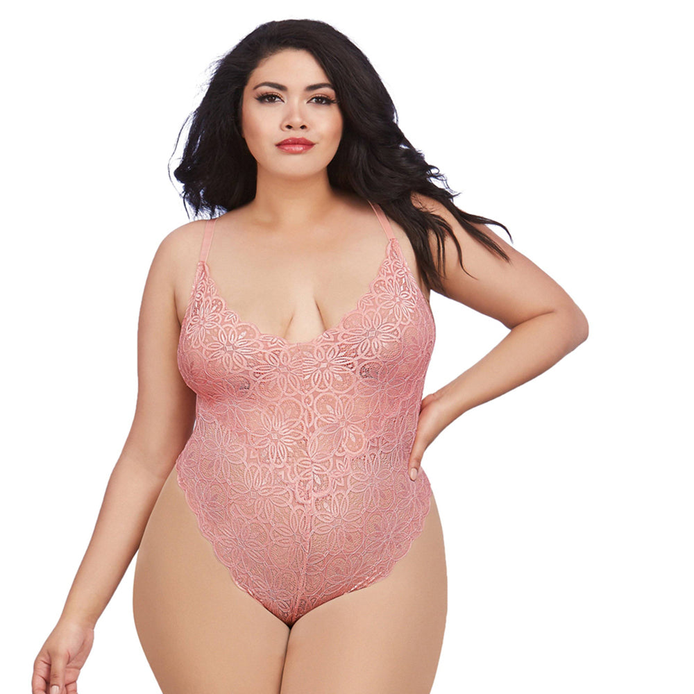 Dreamgirl Plus-size Stretch Lace Teddy & Sheer Mesh Maxi Skirt With Adjustable Straps & G-string Ros