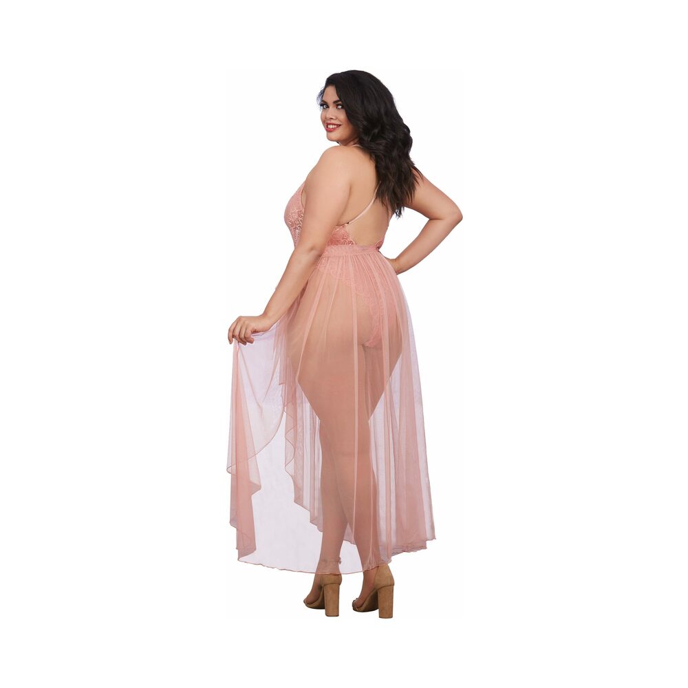 Dreamgirl Plus-size Stretch Lace Teddy & Sheer Mesh Maxi Skirt With Adjustable Straps & G-string Ros