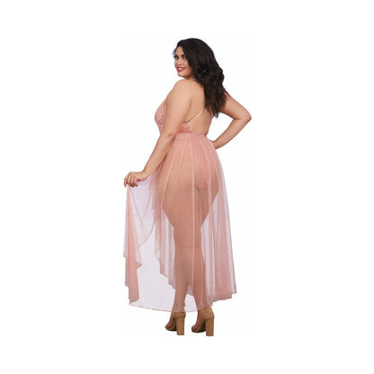 Dreamgirl Plus-size Stretch Lace Teddy & Sheer Mesh Maxi Skirt With Adjustable Straps & G-string Ros