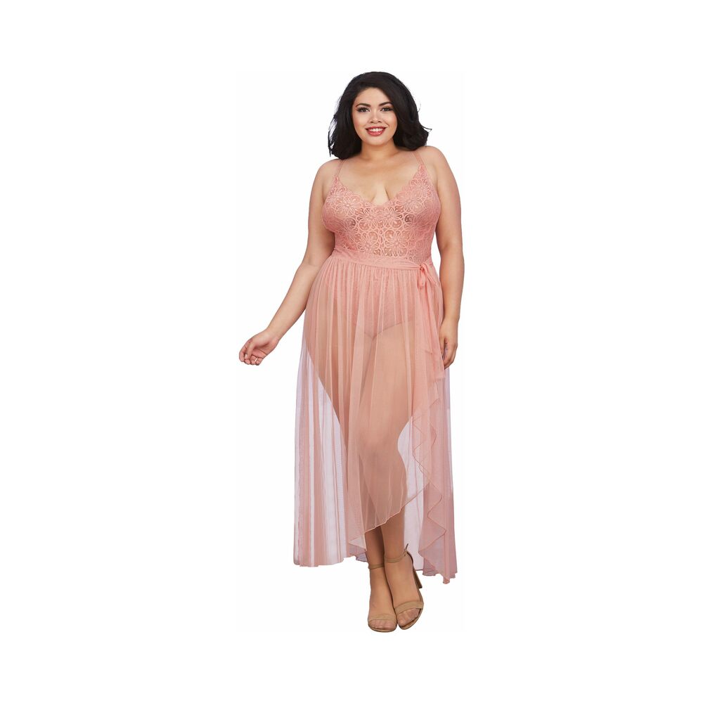 Dreamgirl Plus-size Stretch Lace Teddy & Sheer Mesh Maxi Skirt With Adjustable Straps & G-string Ros