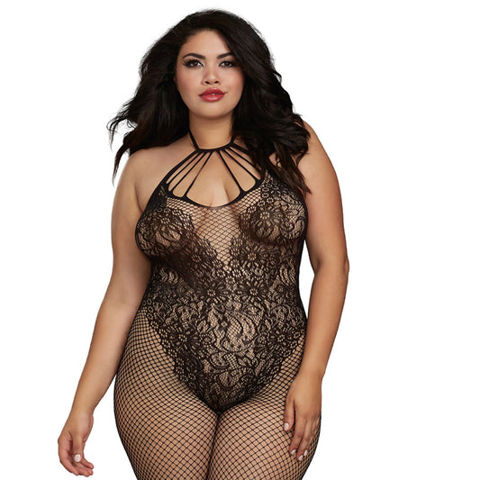 Dreamgirl Fishnet Bodystocking With Knitted Teddy Design, Strappy Neckline, Adjustable Halter Ties,