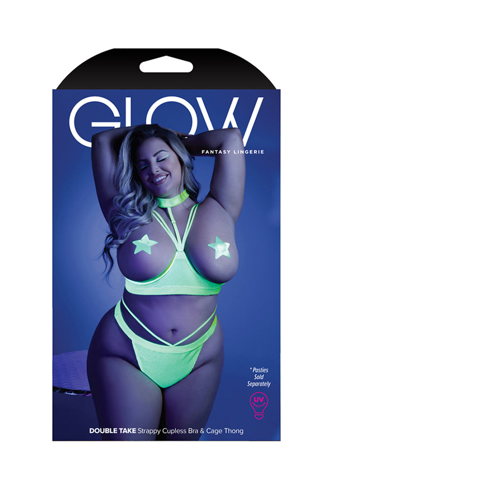 Glow Double Take Strappy Harness Open-shelf Bra & Cage Thong Neon Lemon Qs