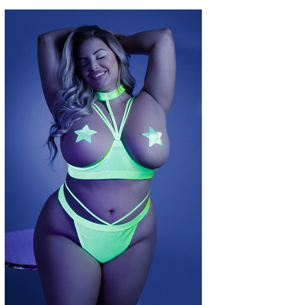 Glow Double Take Strappy Harness Open-shelf Bra & Cage Thong Neon Lemon Qs