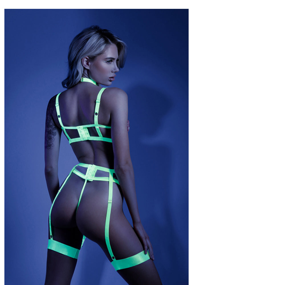 Glow In A Trance Floral Embroidered Harness Bra, Garter Belt With Attached Leg Garters & Matching G-