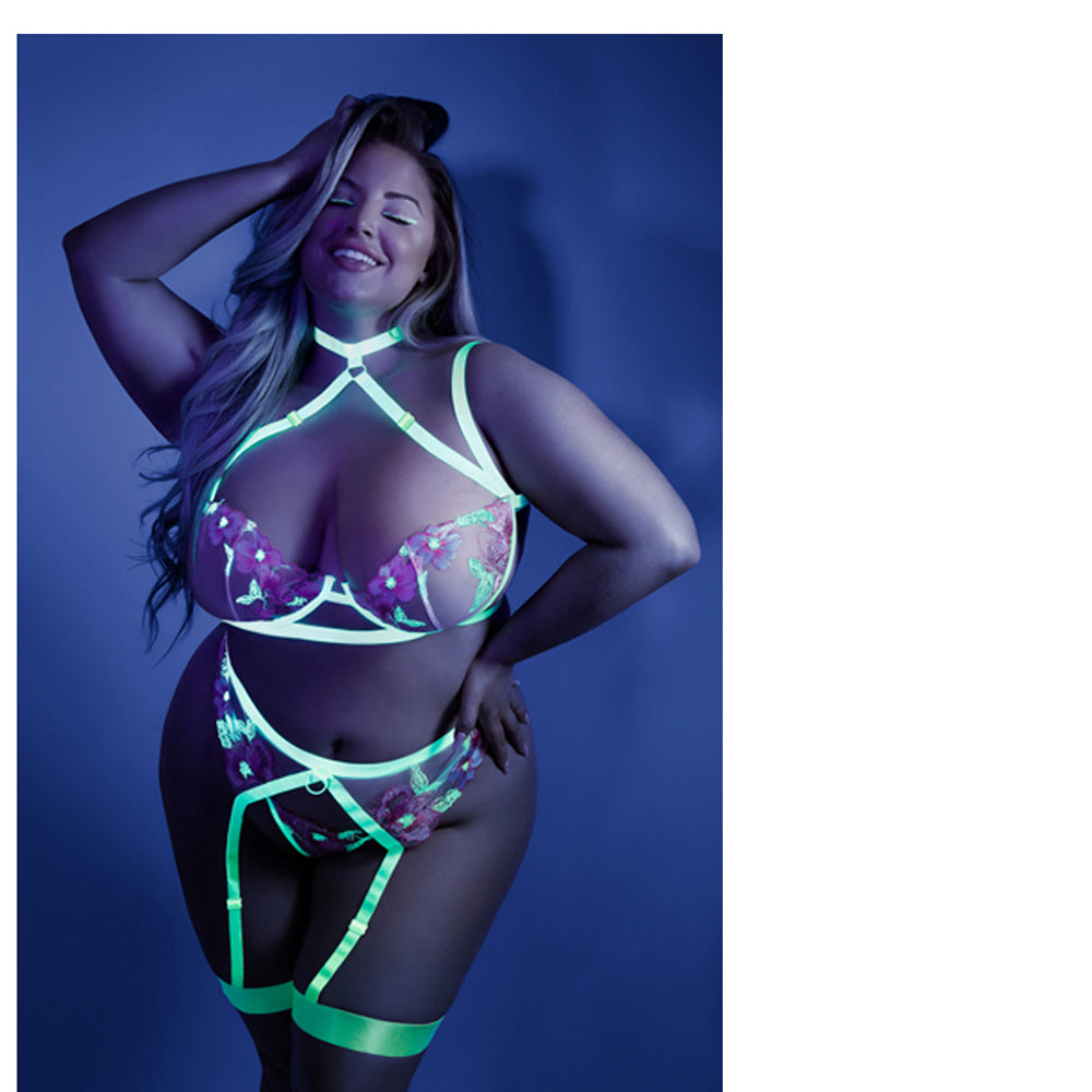 Glow In A Trance Floral Embroidered Harness Bra, Garter Belt With Attached Leg Garters & Matching G-
