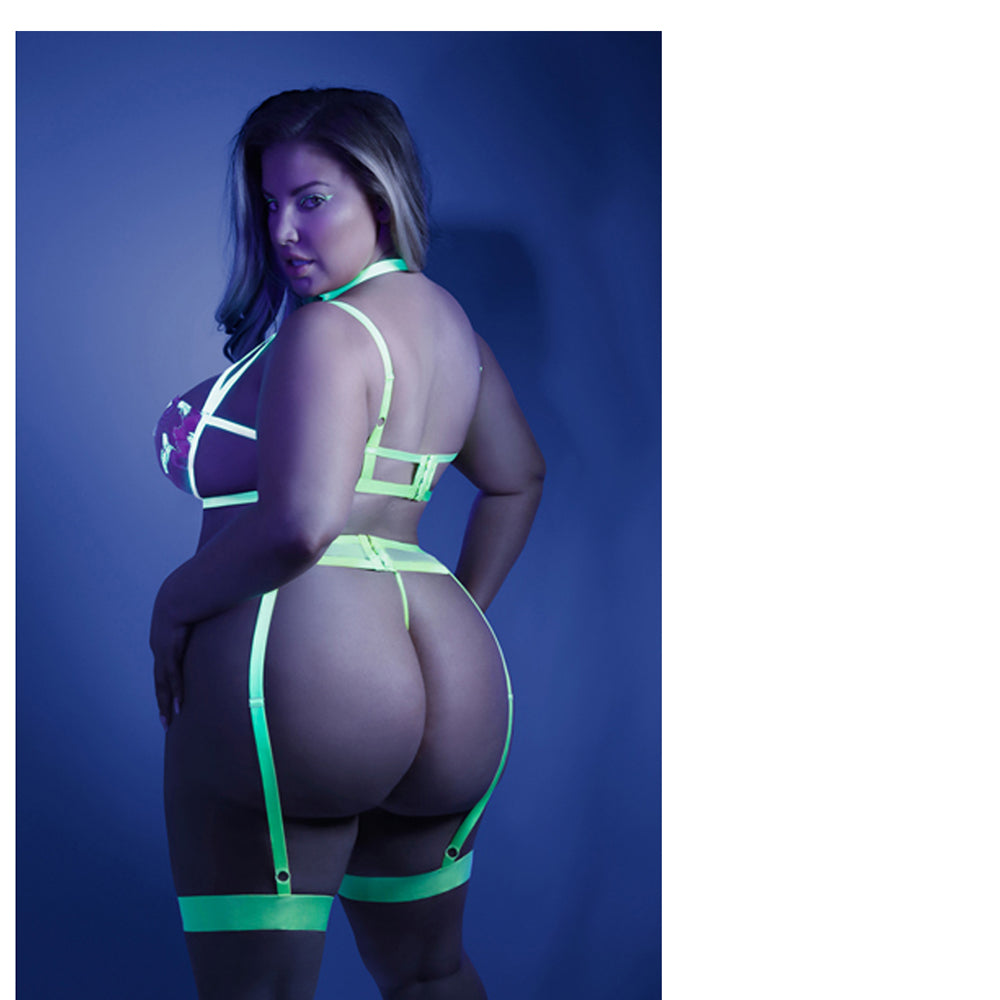 Glow In A Trance Floral Embroidered Harness Bra, Garter Belt With Attached Leg Garters & Matching G-
