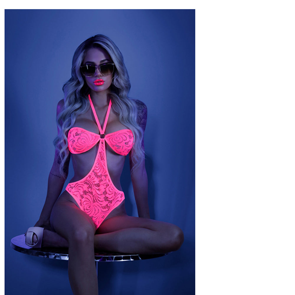 Glow Impress Me Lace Bodysuit With Open-cage Back Neon Pink M/l