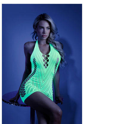 Glow Shock Value Net Halter Dress Neon Green Os