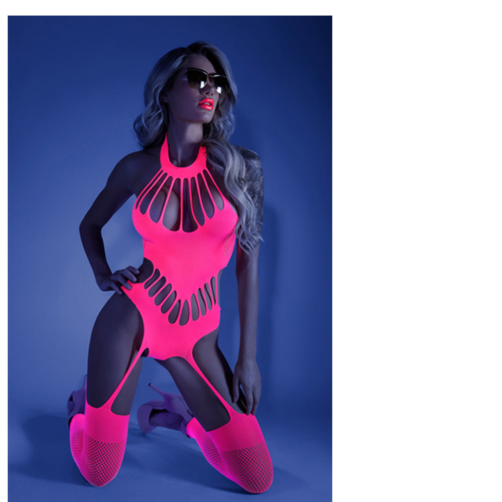 Glow No Promises Footless Teddy Bodystocking Neon Pink Os