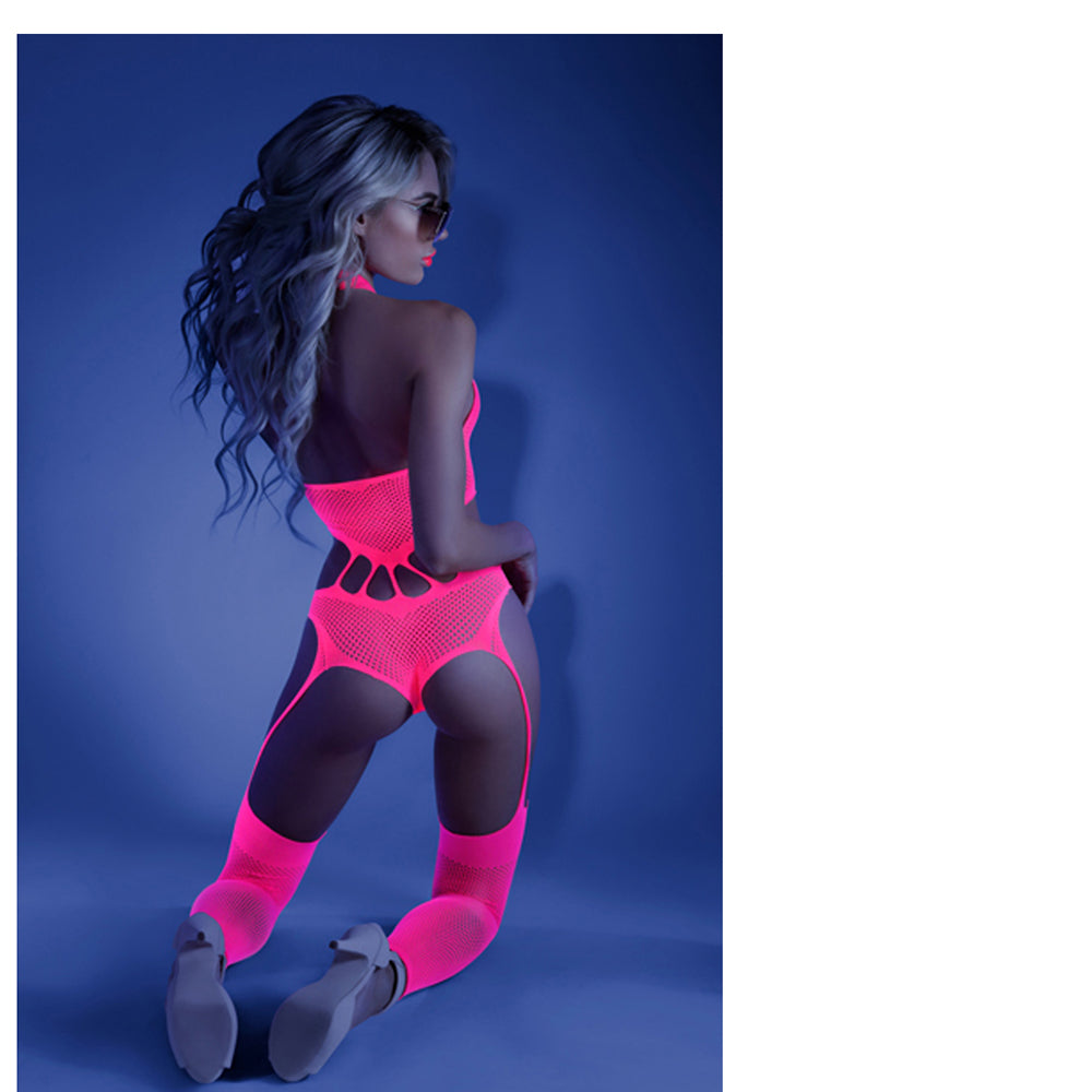 Glow No Promises Footless Teddy Bodystocking Neon Pink Os