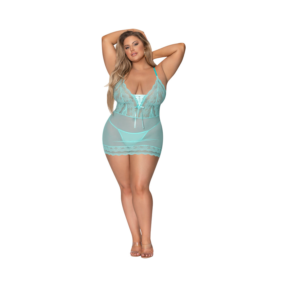 Magic Silk Seabreeze Lace Up Chemise & G Sring Turquoise Queen  Size