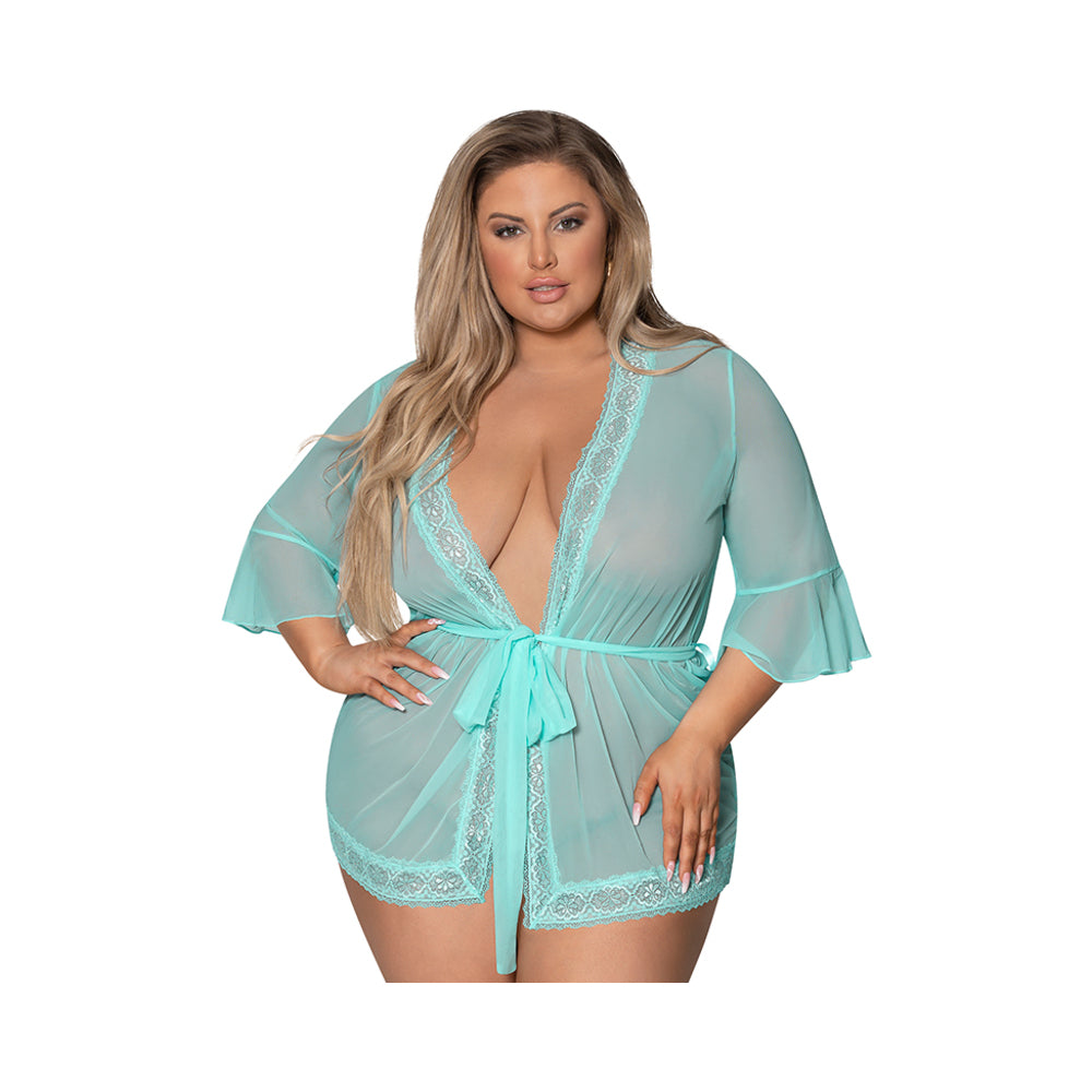 Magic Silk Seabreeze Robe W Lace Trim Turquoise Queen  Size