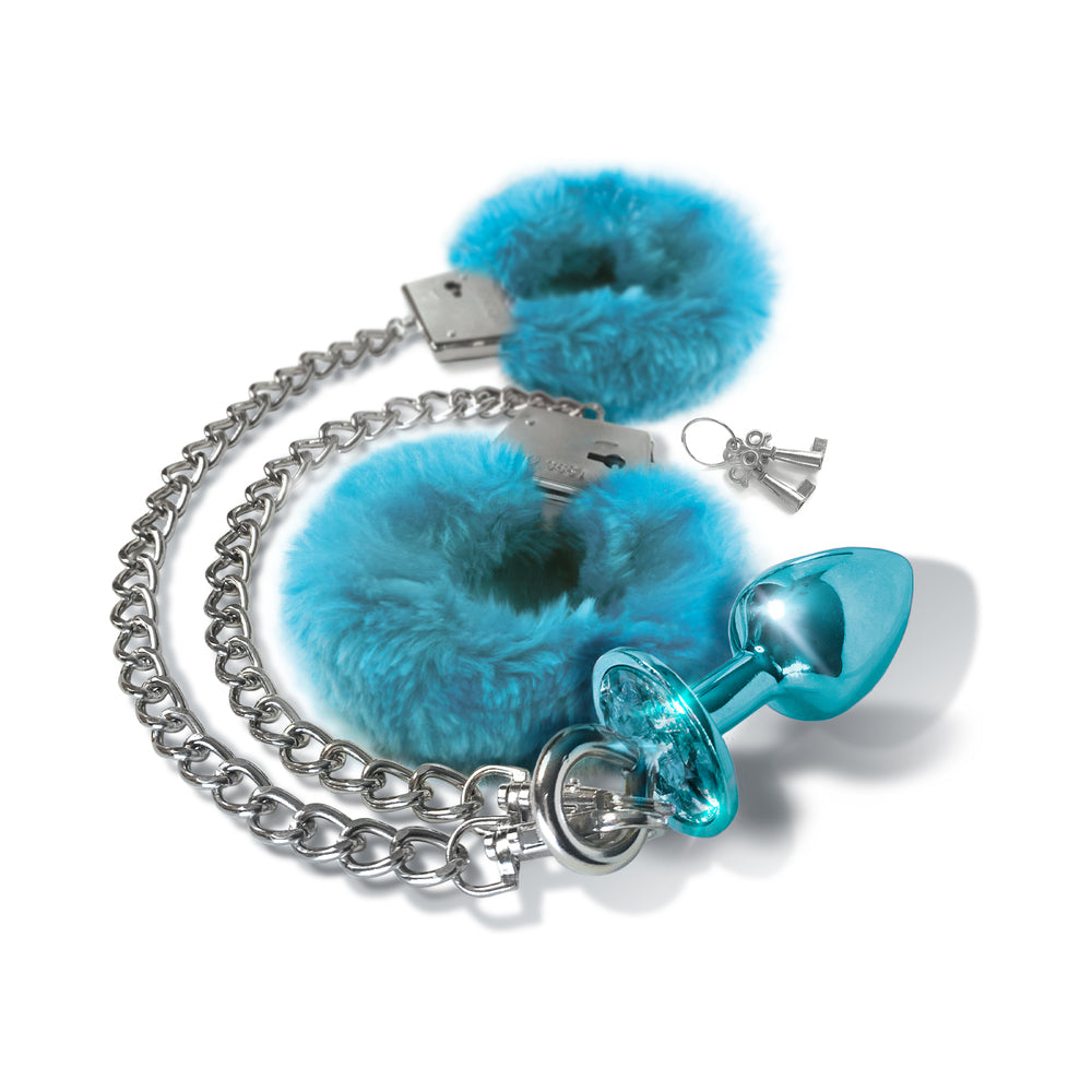Nixie Metal Butt Plug & Furry Handcuff Set Mediumblue Metallic