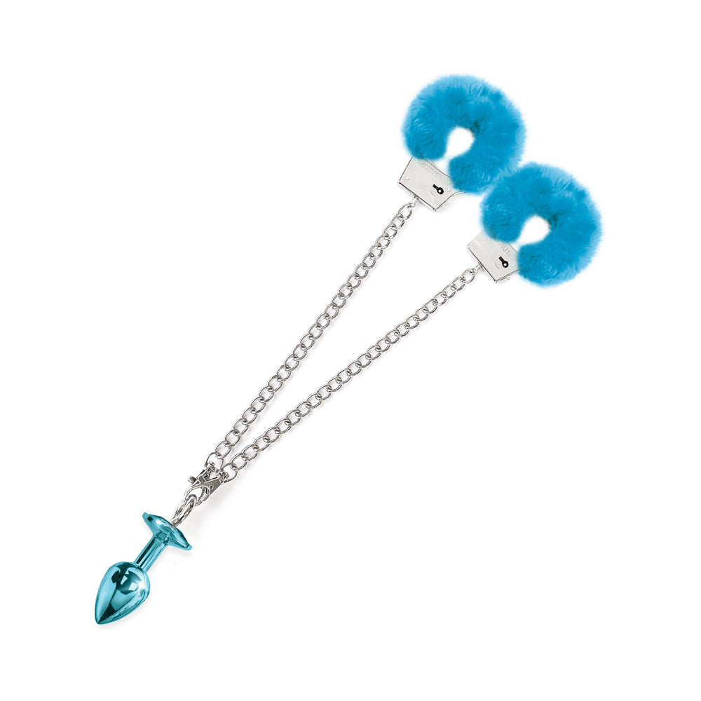 Nixie Metal Butt Plug & Furry Handcuff Set Mediumblue Metallic