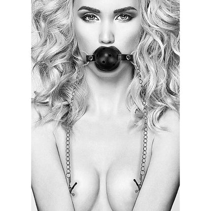 Ouch! Black & White Breathable Ball Gag With Nipple Clamps Black