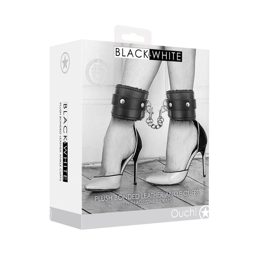 Ouch! Black & White Plush Bonded Leather Ankle Cuffs With Adjustable Straps Black