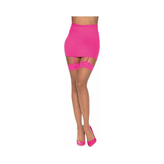 Cuban Heel Sheer Thigh High Stocking w/Back Seam Nude/Hot Pink O/S
