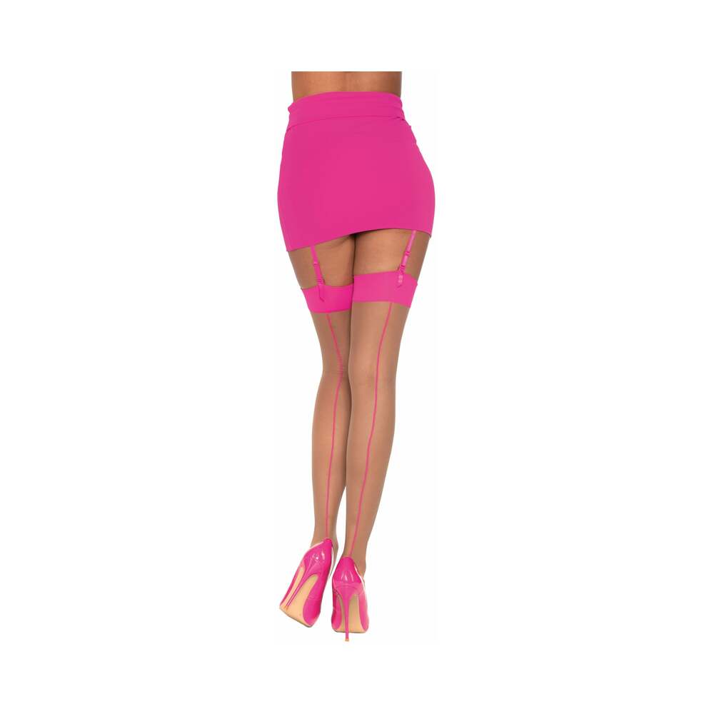 Cuban Heel Sheer Thigh High Stocking w/Back Seam Nude/Hot Pink O/S